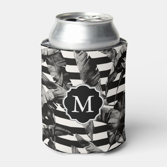 Black and White Tropical Leaves Can Cooler (Can Front)