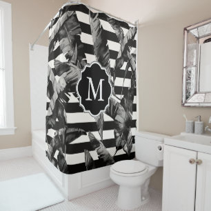 Black and White Tropical Leaves Shower Curtain