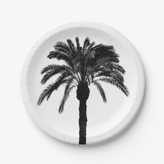Black and white tropical palm tree paper plate (Front)