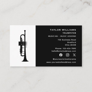 Black And White Trumpeter Trumpet Music Teacher Business Card