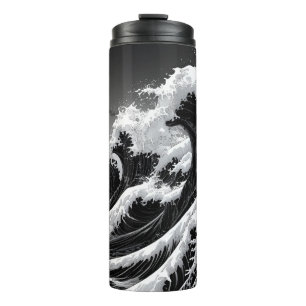 Black and White Tsunami Waves Thermal Tumbler