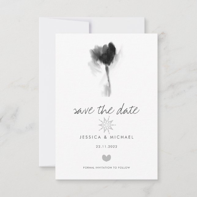 Black and White Tulip Flower Heart Wedding Save The Date (Front)