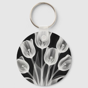 Black and White Tulips Elegant Monochrome Key Ring