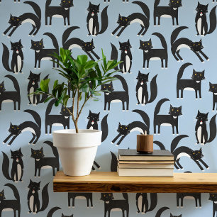 Black and White Tuxedo Cat Blue Art Wallpaper