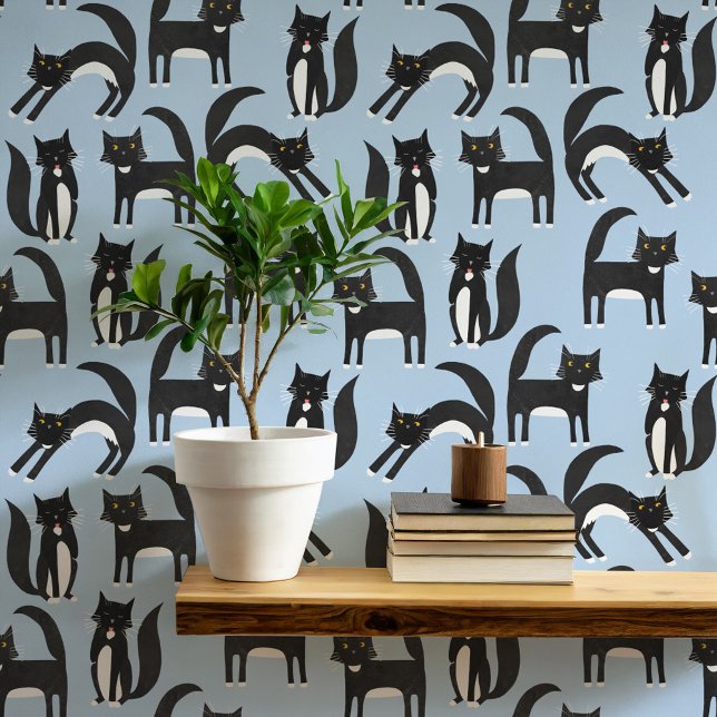 Black and White Tuxedo Cat Blue Art Wallpaper (Black and white Tuxedo cat blue wallpaper)