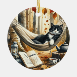 Black and White Tuxedo Cat Dreaming of Adventure Ceramic Tree Decoration