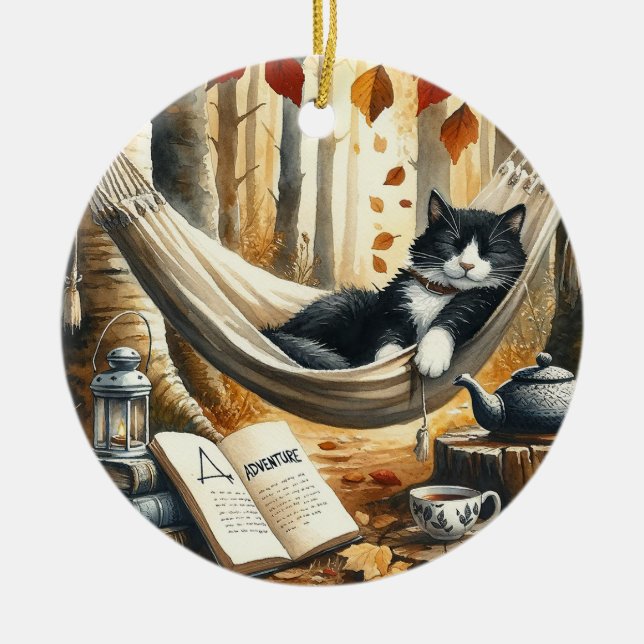 Black and White Tuxedo Cat Dreaming of Adventure Ceramic Tree Decoration (Front)