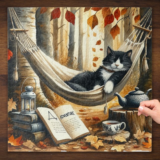Black and White Tuxedo Cat Dreaming of Adventure Jigsaw Puzzle (Creator Uploaded)