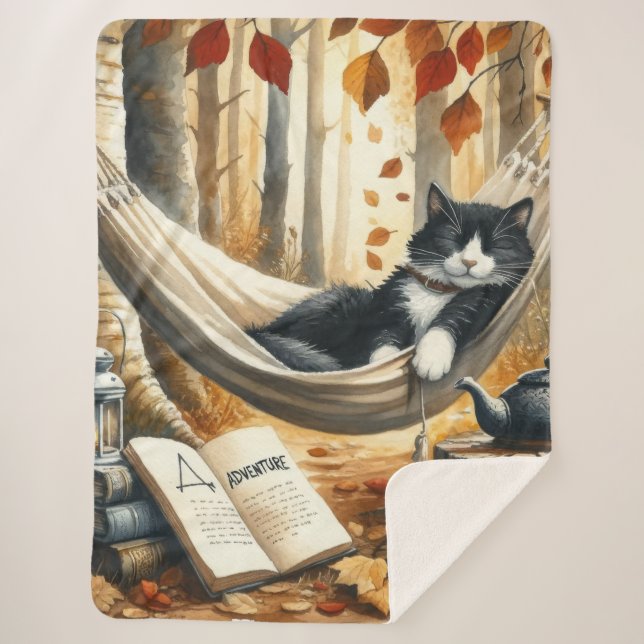 Black and White Tuxedo Cat Dreaming of Adventure Sherpa Blanket (Front)