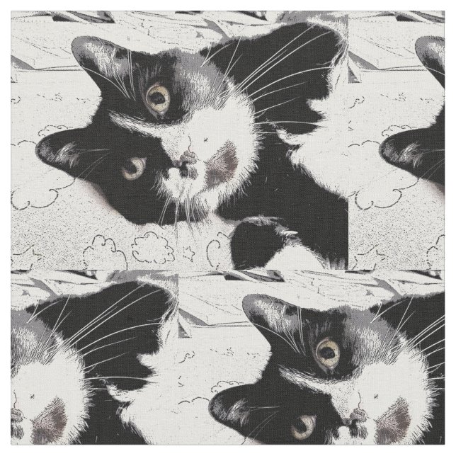 Black and White Tuxedo Cat Fabric (Close Up)