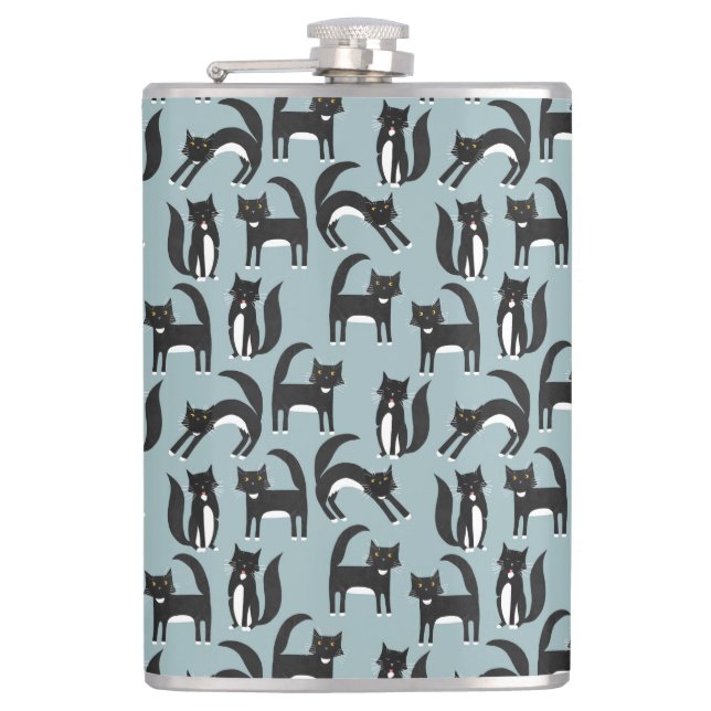 Black and White Tuxedo Cat Hip Flask (Front)