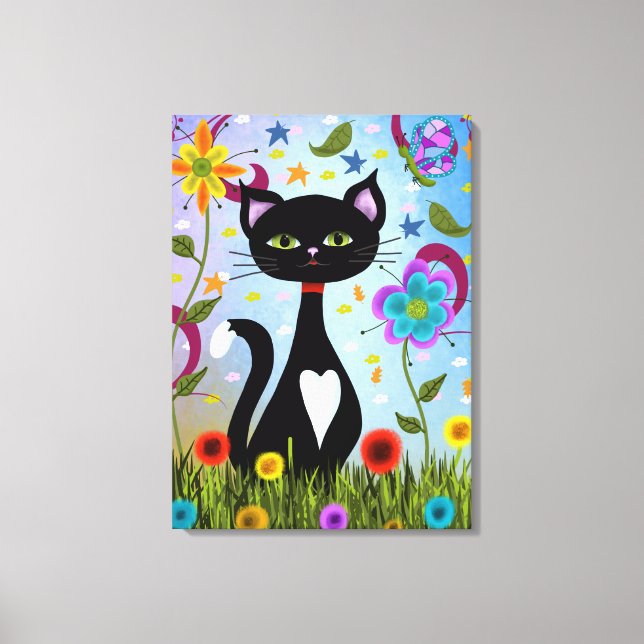 Black And White Tuxedo Cat In A Garden Canvas Print (Front)