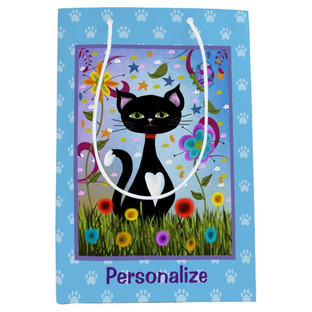 Black And White Tuxedo Cat In A Garden Personalise Medium Gift Bag (Front)