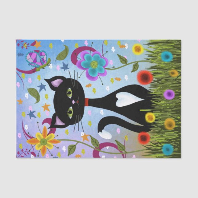 Black And White Tuxedo Cat In A Garden Tissue Paper (Front)