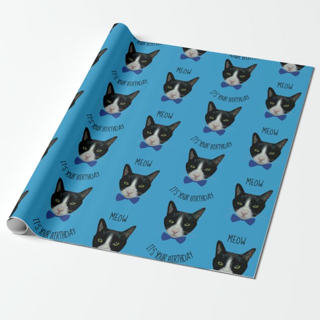 Black and White Tuxedo Cat - It's Your Birthday Wrapping Paper (Unrolled)