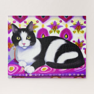 Black and White Tuxedo Cat on a Cushion Jigsaw Puzzle