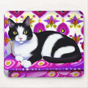 Black and White Tuxedo Cat on a Cushion  Mouse Mat