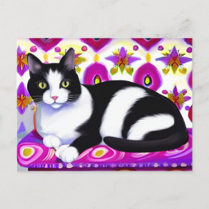Black and White Tuxedo Cat on a Cushion  Postcard