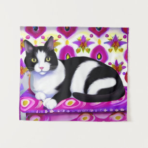 Black and White Tuxedo Cat on a Cushion Tapestry