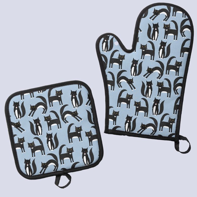 Black and White Tuxedo Cat Pattern Oven Mitt & Pot Holder Set (Black and white tuxedo cat pattern kitchen oven mitt and pot holder)