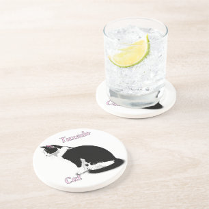 Black and White Tuxedo Cat Personalised Coaster