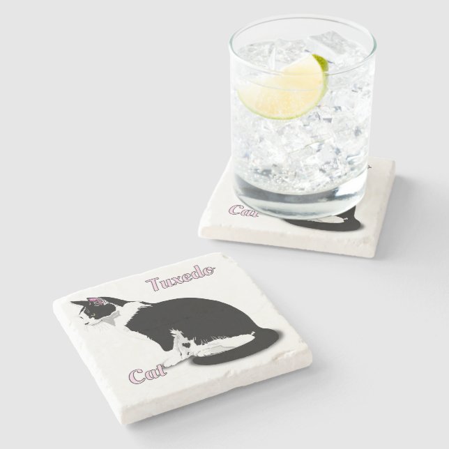 Black and White Tuxedo Cat Personalised Stone Coaster (Side)