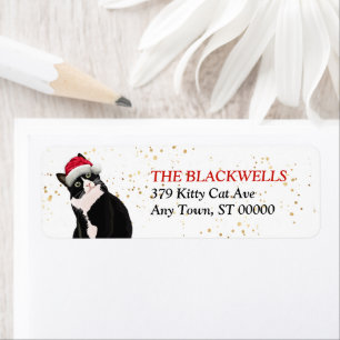 Black and White Tuxedo Cat Santa Hat Address Label
