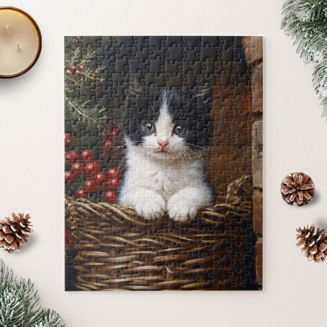 Black and White Tuxedo Cat Winter Scene Painting Jigsaw Puzzle (Creator Uploaded)