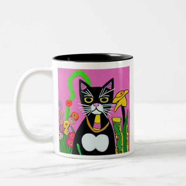 Black and White Tuxedo Cat with Flowers Two-Tone Coffee Mug (Left)