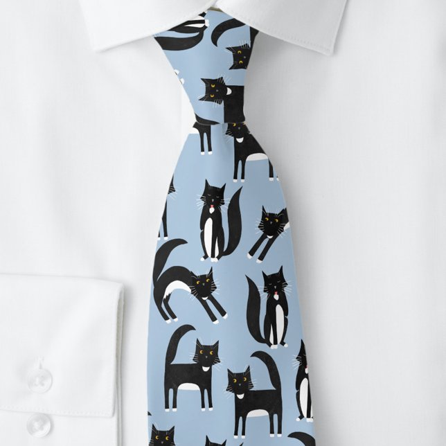 Black and White Tuxedo Cats Blue Tie (Black and white tuxedo bicolor cat pattern neck tie on a light sky blue background)