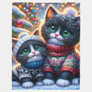 “Black and White Tuxedo Kittens’ First Christmas” Fleece Blanket