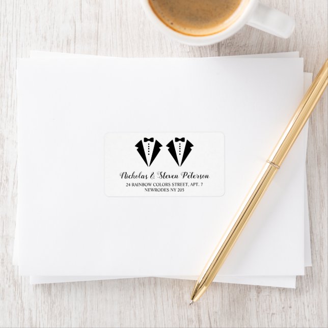 Black and white tuxedo two grooms gay wedding label (Insitu)