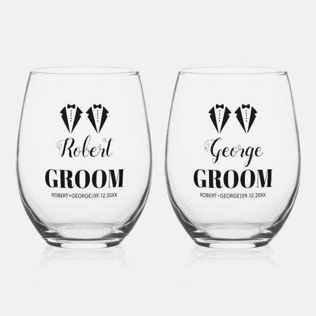 Black and white tuxedo two grooms gay wedding stemless wine glass (Front)