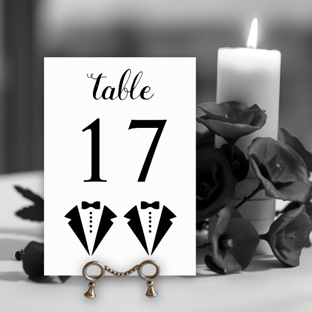 Black and white tuxedo two grooms gay wedding table number (Creator Uploaded)