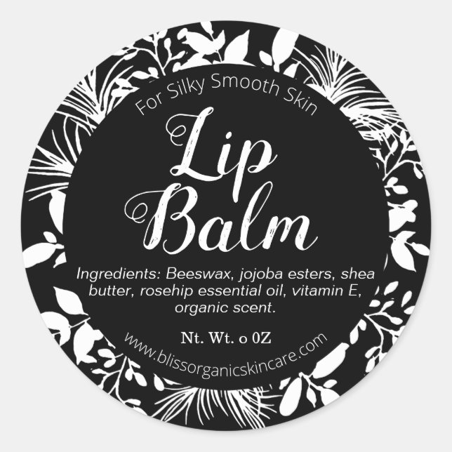 Black And White Twigs And Leaves Lip Balm Classic Round Sticker (Front)