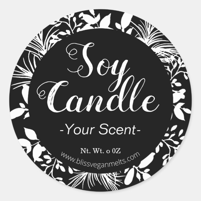 Black And White Twigs And Leaves Soy Candle Classic Round Sticker (Front)
