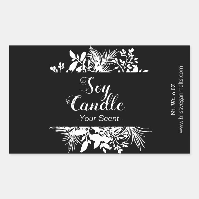 Black And White Twigs And Leaves Soy Candle Rectangular Sticker (Front)