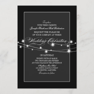 Black and white twinkle lights modern wedding invitation