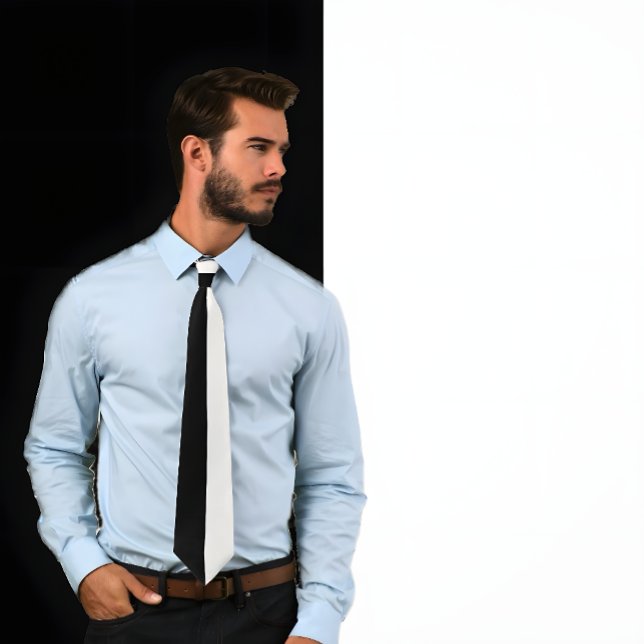 Black and White Two Colour Tie (Man wears a Black and White Two Color Tie that is split down the center, white one side black other.)
