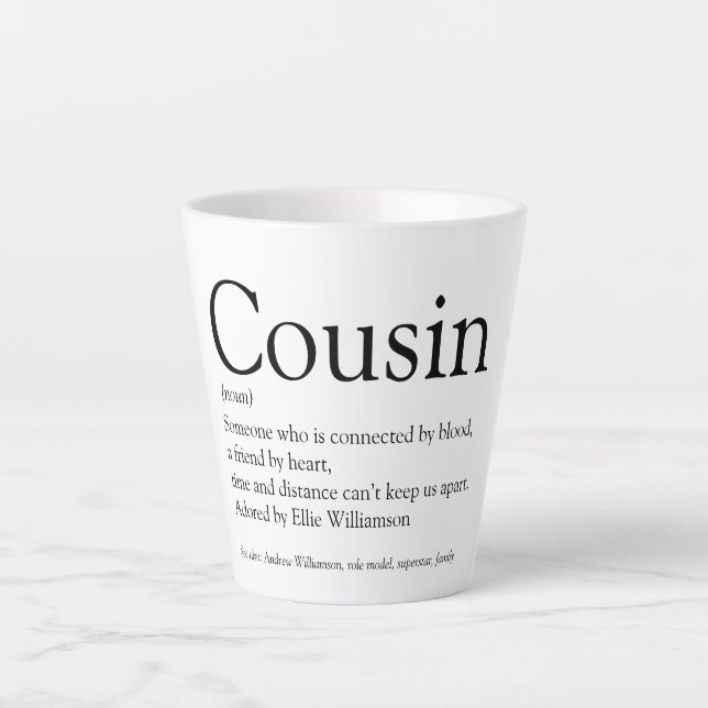 Black and White Typographic Cousin Definition  Latte Mug (Front)