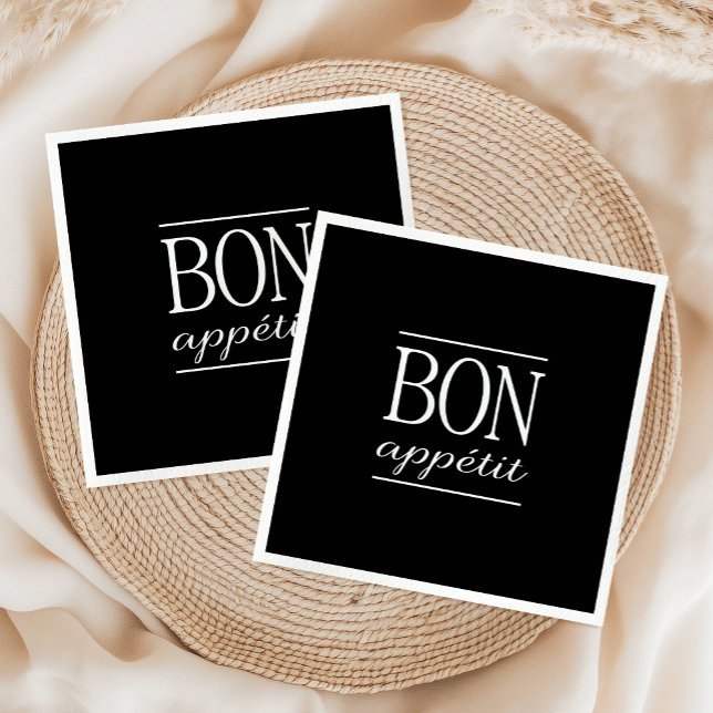 Black And White Typography BON APPETIT  Napkin (BON APPETIT Black & White Kitchen Quote Typography Paper Napkins)