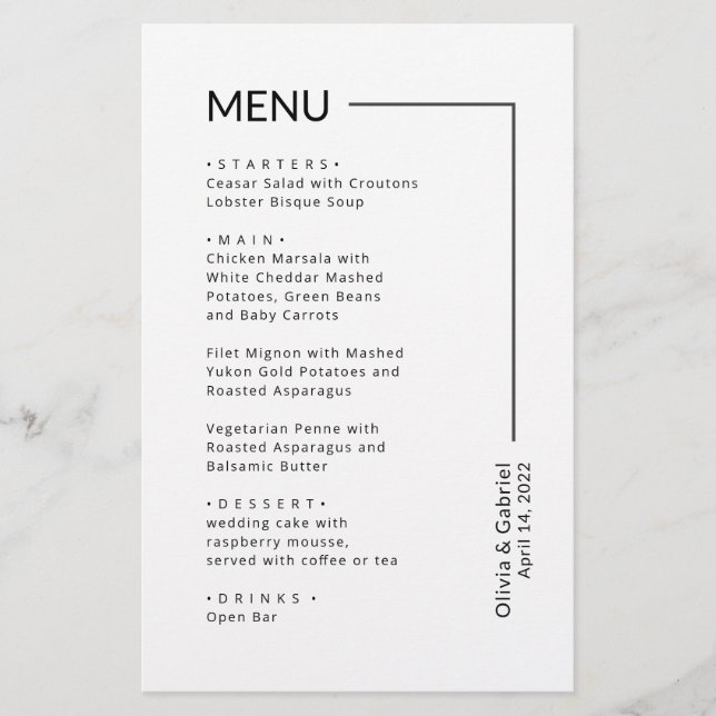 Black and white Typography minimalist wedding menu (Front)