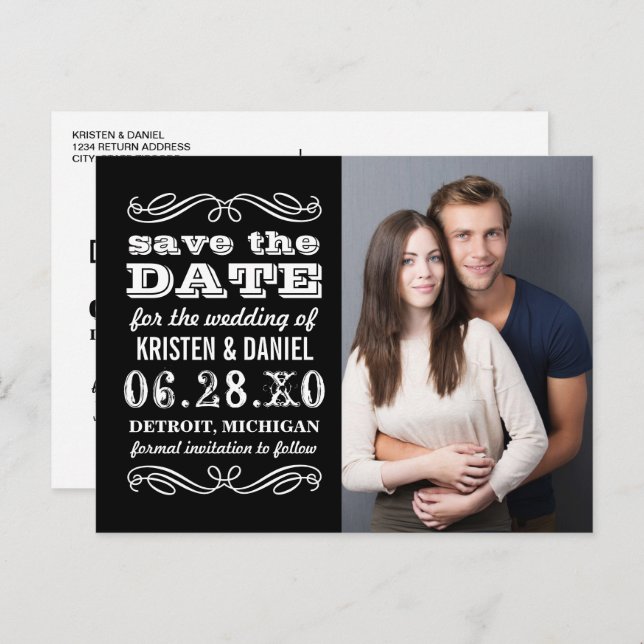 Black and White Typography Photo Save the Date Announcement Postcard (Front/Back)
