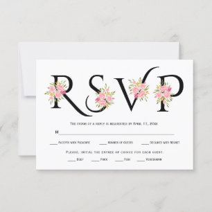 Black and white typography, pink roses RSVP card