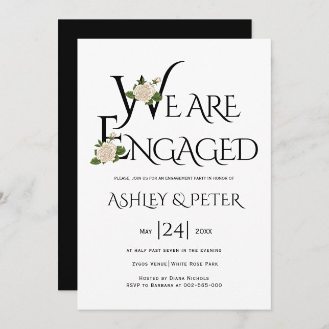 Black and white typography, rose engagement party invitation (Front/Back)