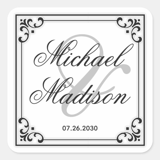 Black and White Typography Simple Wedding Square Sticker (Front)