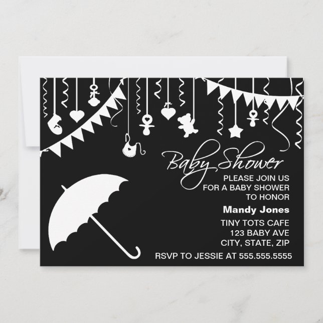 Black and white umbrella modern baby shower invitation (Front)