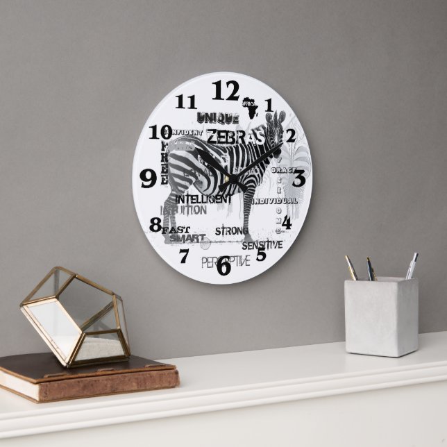 Black and White Unique Zebras Typography Large Clock (Office)