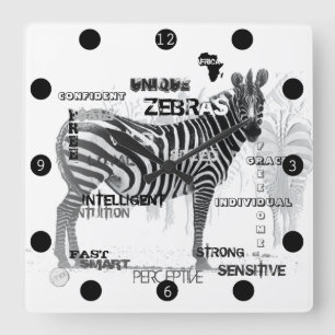 Black and White Unique Zebras Typography Square Wall Clock