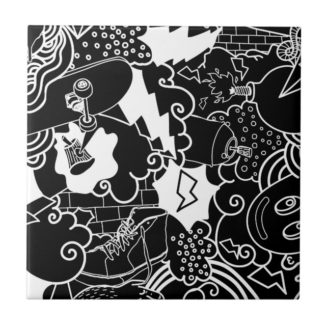 Black and White Urban Graffiti pattern Tile (Front)